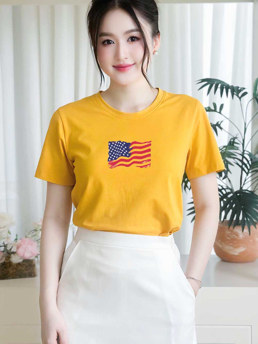 Áo thun nữ tay ngắn-Cổ Tròn-In Lá Cờ Mỹ