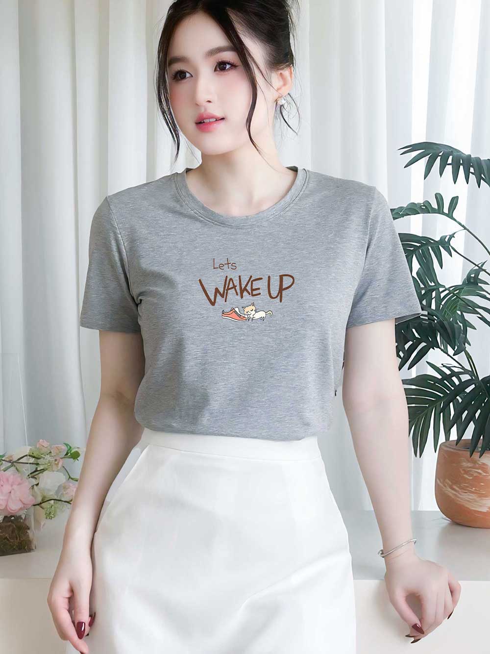 Áo thun nữ tay ngắn-Cổ Tròn-In chữ Lets Wakeup
