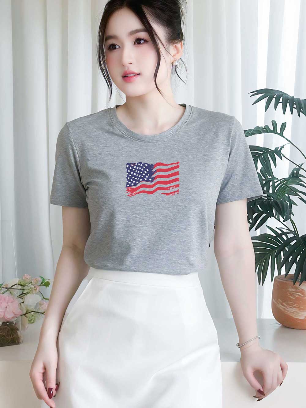 Áo thun nữ tay ngắn-Cổ Tròn-In Lá Cờ Mỹ