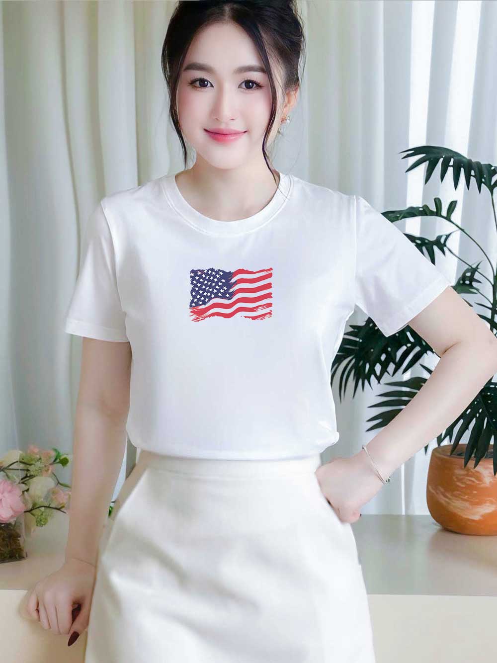Áo thun nữ tay ngắn-Cổ Tròn-In Lá Cờ Mỹ