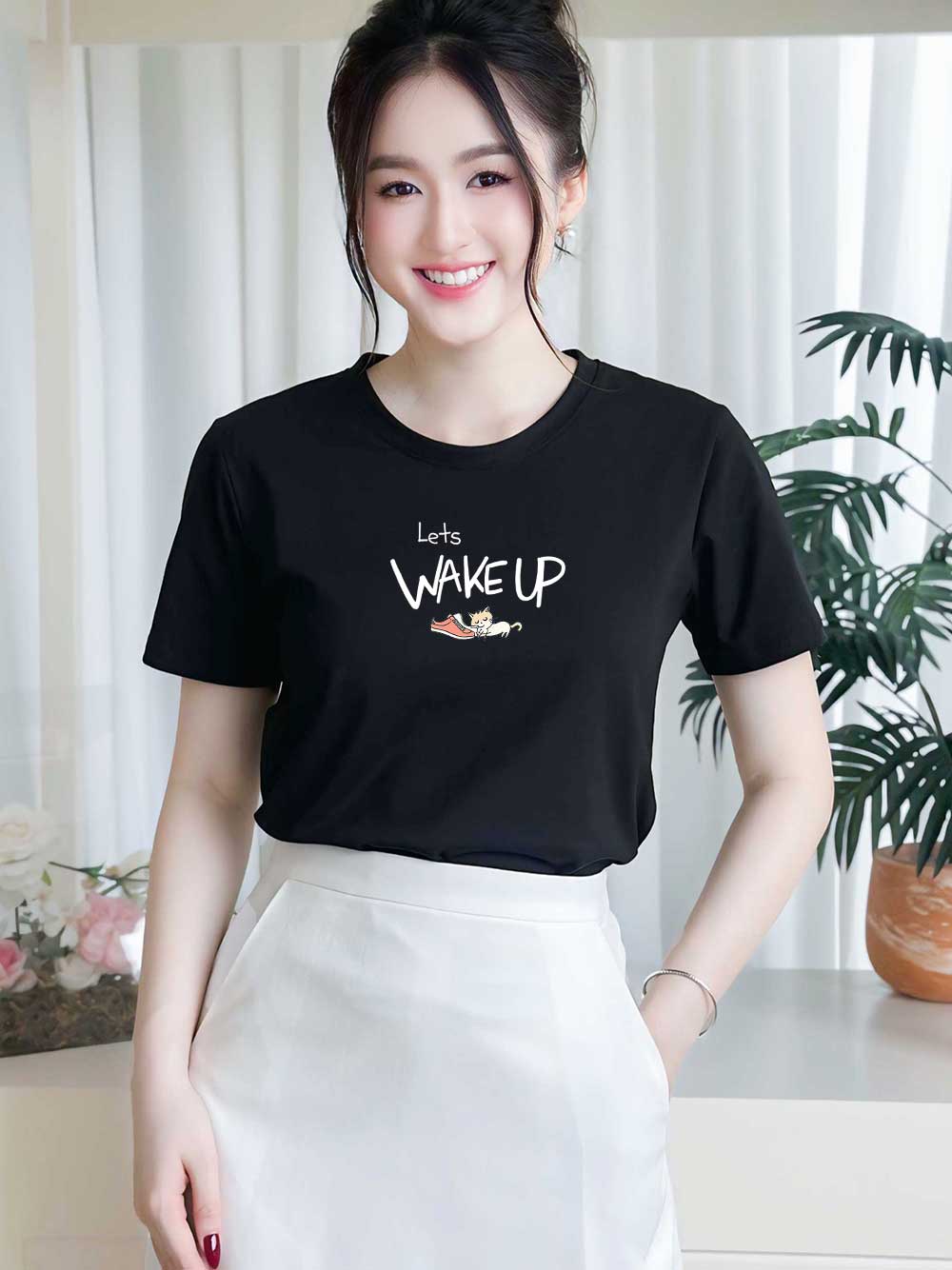 Áo thun nữ tay ngắn-Cổ Tròn-In chữ Lets Wakeup