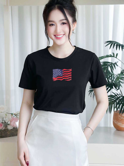 Áo thun nữ tay ngắn-Cổ Tròn-In Lá Cờ Mỹ