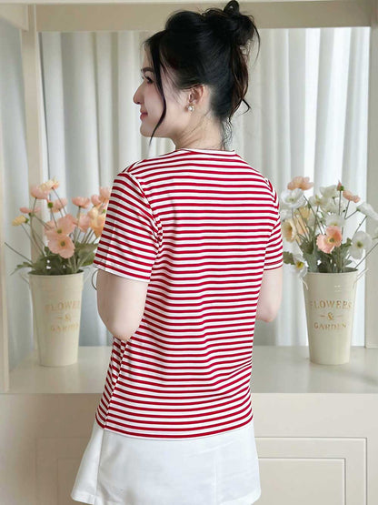 Áo thun nữ cổ tròn, họa tiết kẻ sọc, kiểu dáng trẻ trung - Mã BSB