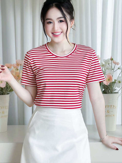 ÁO THUN NỮ TAY NGẮN-CỔ TRÒN-HỌA TIẾT KẺ SỌC