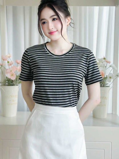 ÁO THUN NỮ TAY NGẮN-CỔ TRÒN-HỌA TIẾT KẺ SỌC