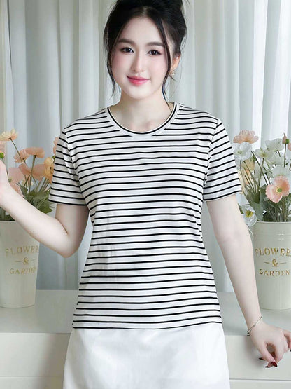 ÁO THUN NỮ TAY NGẮN-CỔ TRÒN-HỌA TIẾT KẺ SỌC