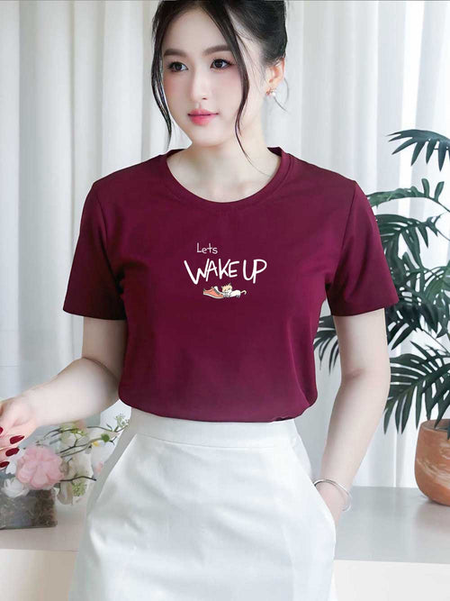 Áo thun nữ tay ngắn-Cổ Tròn-In chữ Lets Wakeup