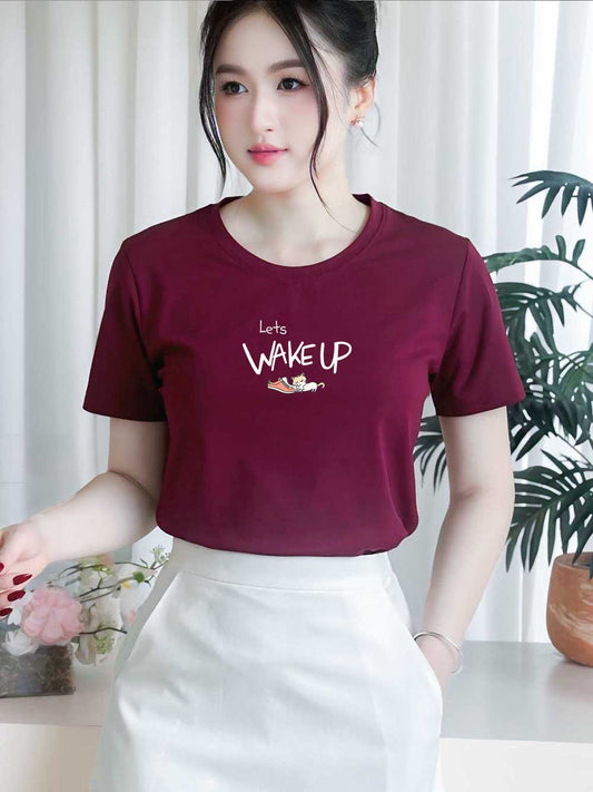 Áo thun nữ tay ngắn-Cổ Tròn-In chữ Lets Wakeup