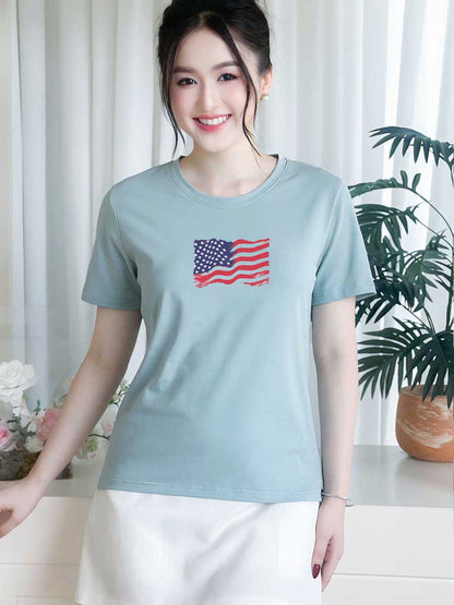 Áo thun nữ tay ngắn-Cổ Tròn-In Lá Cờ Mỹ