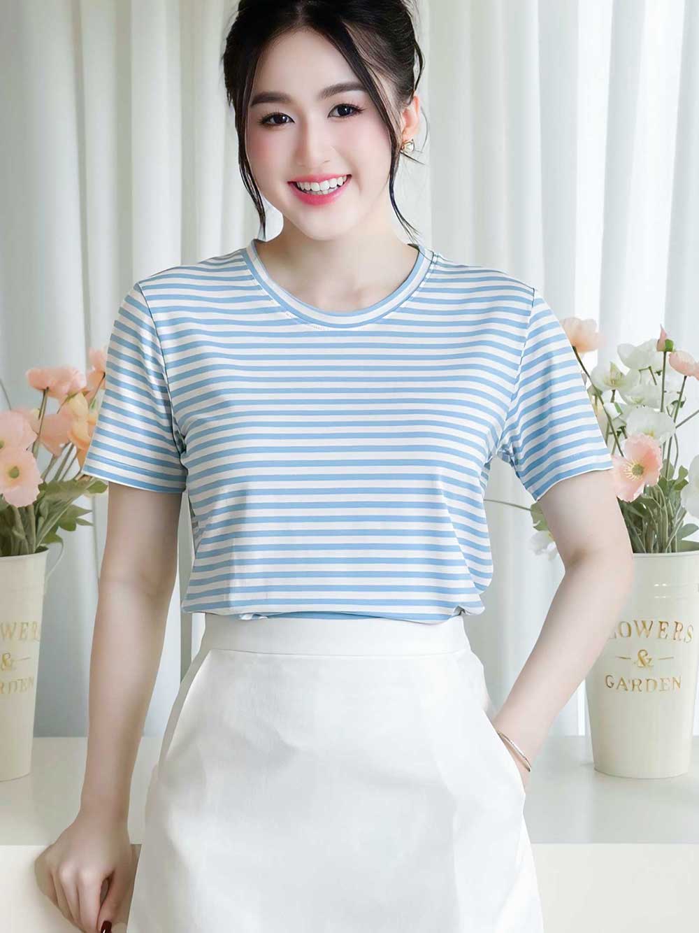 ÁO THUN NỮ TAY NGẮN-CỔ TRÒN-HỌA TIẾT KẺ SỌC