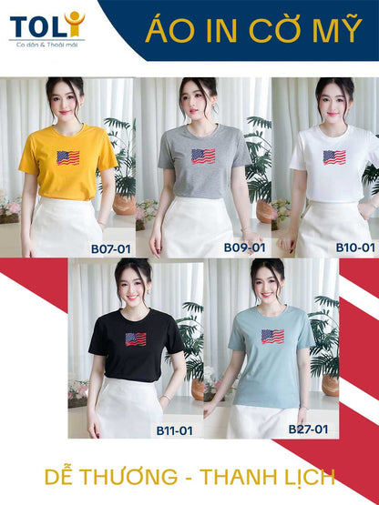 Áo thun nữ tay ngắn-Cổ Tròn-In Lá Cờ Mỹ
