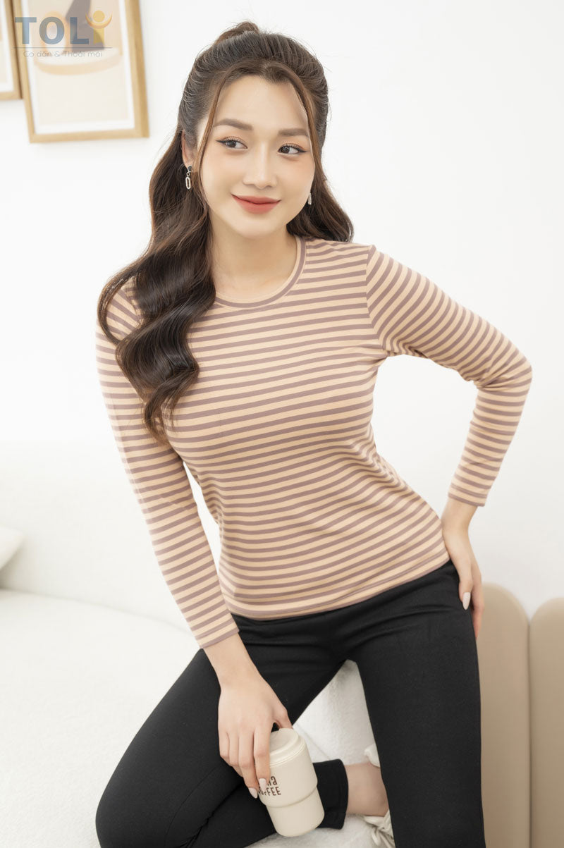 Áo Thun Tay Dài Nữ TOLI, Họa Tiết Kẻ Sọc MÃ LHB