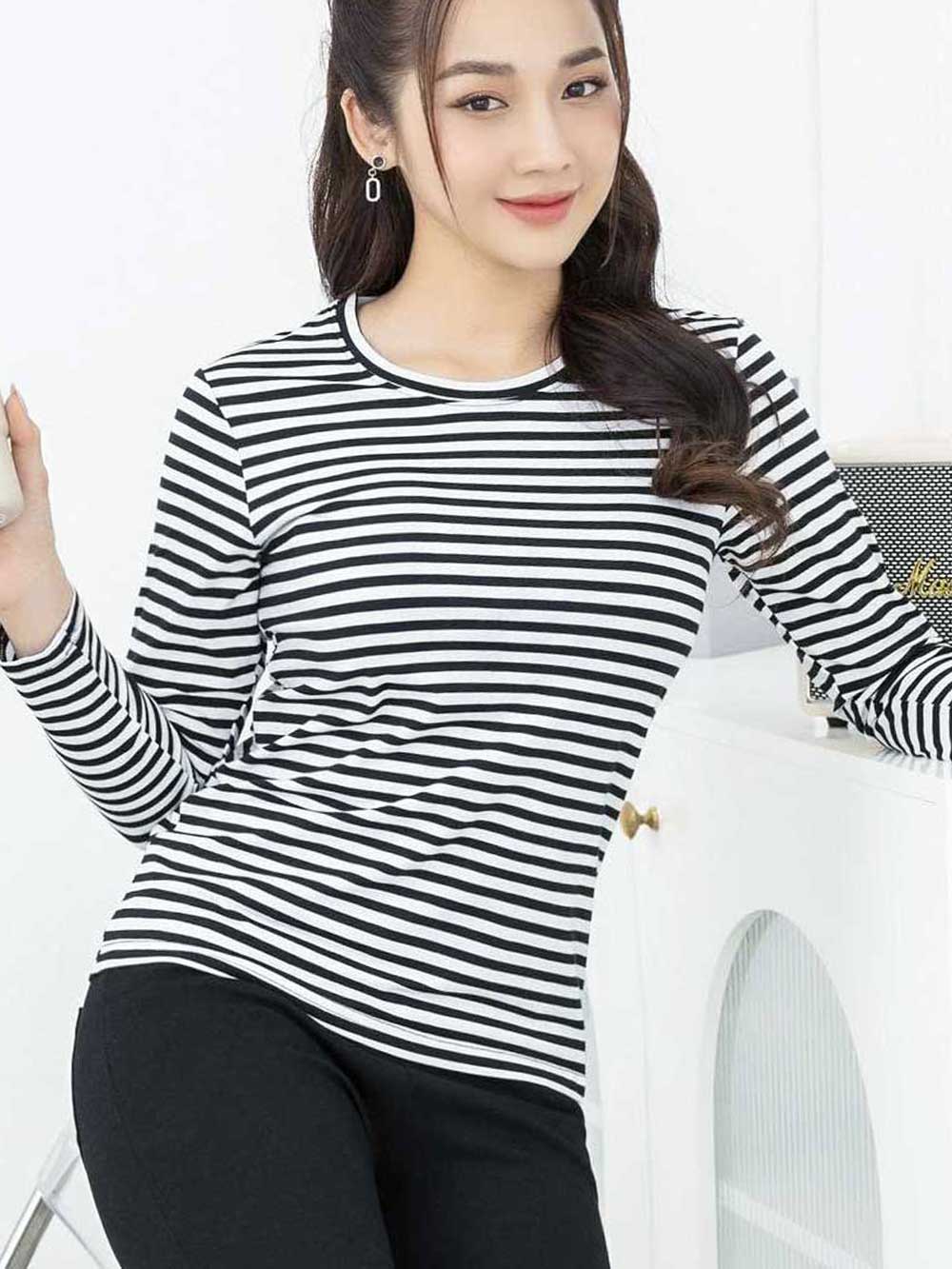 Áo Thun Tay Dài Nữ TOLI, Họa Tiết Kẻ Sọc MÃ LHB