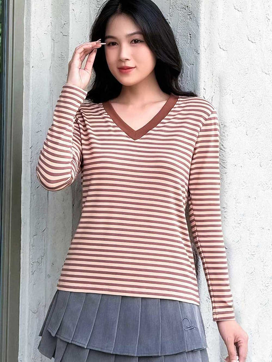 Áo Thun Nữ Tay Dài, Cổ V, Kẻ Sọc, Phong Cách Trẻ Trung, Nữ Tính Mã LHV