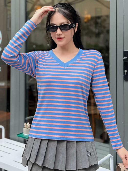 Áo Thun Nữ Tay Dài, Cổ V, Kẻ Sọc, Mã LHV