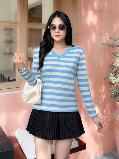 Áo Thun Nữ Tay Dài, Cổ V, Kẻ Sọc, Phong Cách Trẻ Trung, Thanh Lịch, Mã LHV