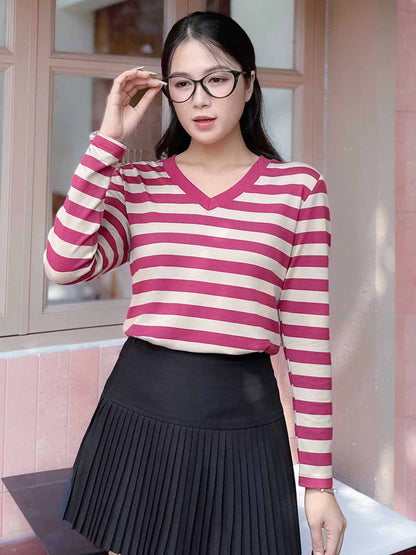 Áo Thun Nữ Tay Dài, Cổ V, Kẻ Sọc, Phong Cách Trẻ Trung, Thanh Lịch, Mã LHV