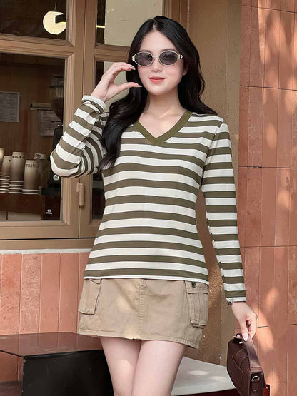 Áo Thun Nữ Tay Dài, Cổ V, Kẻ Sọc, Phong Cách Trẻ Trung, Thanh Lịch, Mã LHV