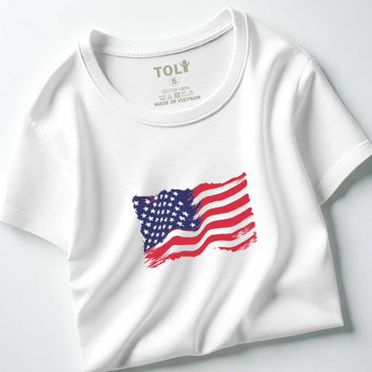 Áo thun nữ tay ngắn-Cổ Tròn-In Lá Cờ Mỹ