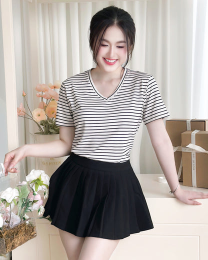 Áo thun nữ Tay ngắn-Cổ tim-Họa tiết kẻ sọc-Mã BSA