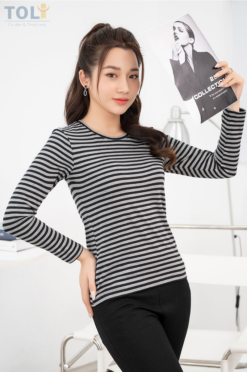 Áo Thun Tay Dài Nữ TOLI, Họa Tiết Kẻ Sọc MÃ LHB
