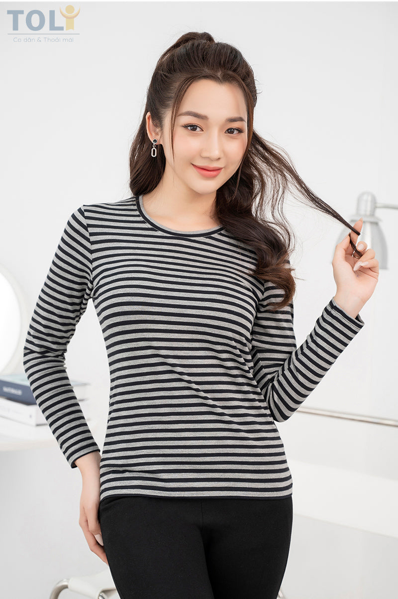 Áo Thun Tay Dài Nữ TOLI, Họa Tiết Kẻ Sọc MÃ LHB