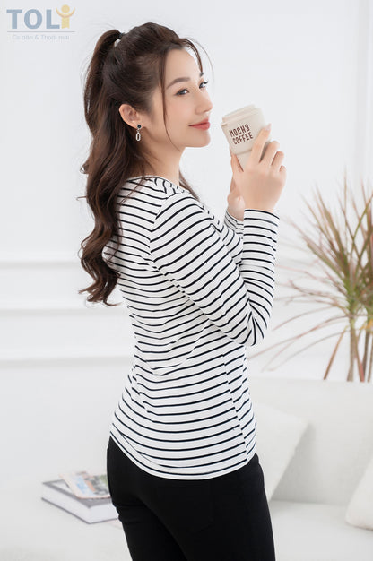 Áo Thun Tay Dài Nữ TOLI, Họa Tiết Kẻ Sọc MÃ LHB
