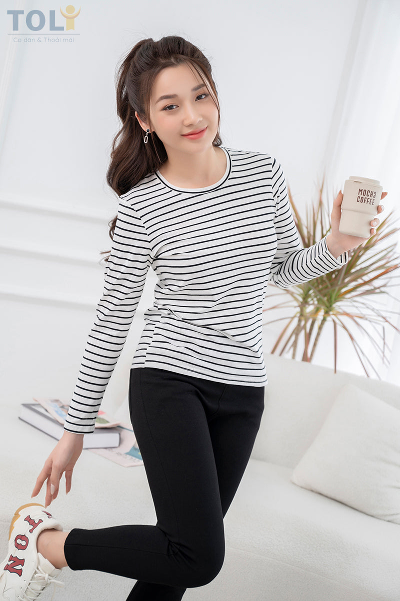 Áo Thun Tay Dài Nữ TOLI, Họa Tiết Kẻ Sọc MÃ LHB