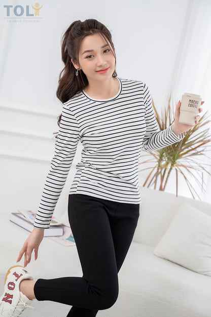 Áo Thun Tay Dài Nữ TOLI, Họa Tiết Kẻ Sọc MÃ LHB