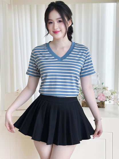 Áo Thun Nữ Tay Ngắn-Họa Tiết Kẻ Sọc-Cổ V-Mã BSV