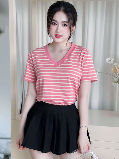 Áo Thun Nữ Tay Ngắn-Họa Tiết Kẻ Sọc-Cổ V-Mã BSV