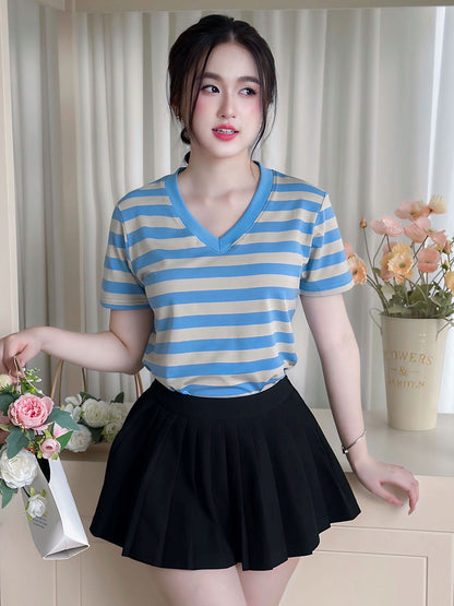 Áo Thun Nữ Tay Ngắn-Họa Tiết Kẻ Sọc-Cổ V-Mã BSV