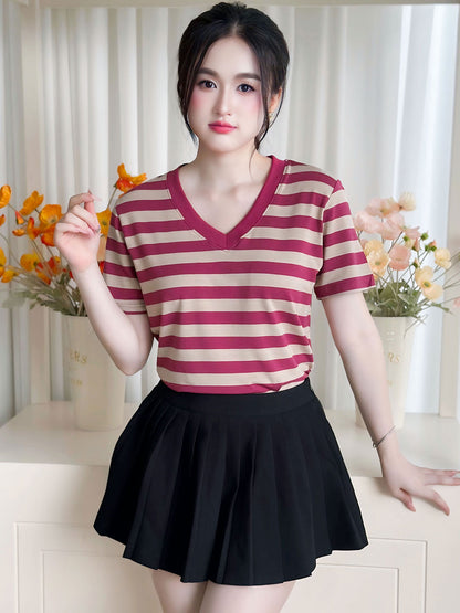 Áo Thun Nữ Tay Ngắn-Họa Tiết Kẻ Sọc-Cổ V-Mã BSV