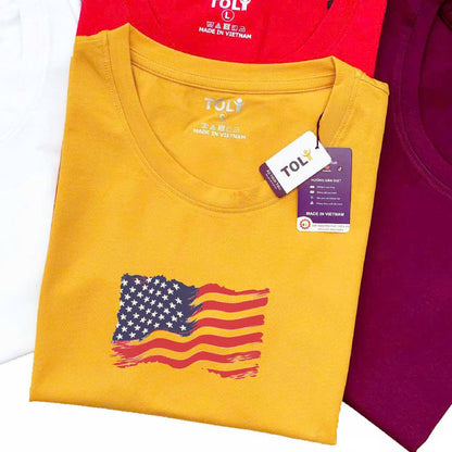 Áo thun nữ tay ngắn-Cổ Tròn-In Lá Cờ Mỹ