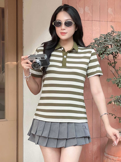 Áo Thun PoLo Nữ Họa Tiết Kẻ Ngang Thanh Lịch - MÃ PLM