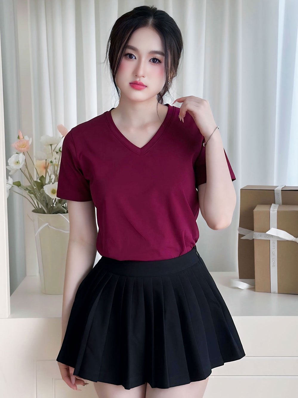 ÁO THUN NỮ TAY NGẮN-CỔ TIM-MÀU TRƠN