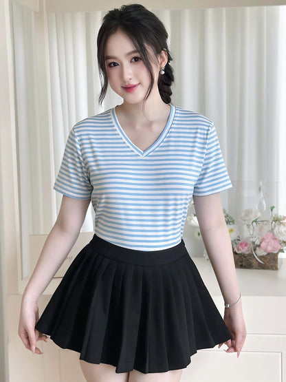 Áo thun nữ Tay ngắn-Cổ tim-Họa tiết kẻ sọc-Mã BSA