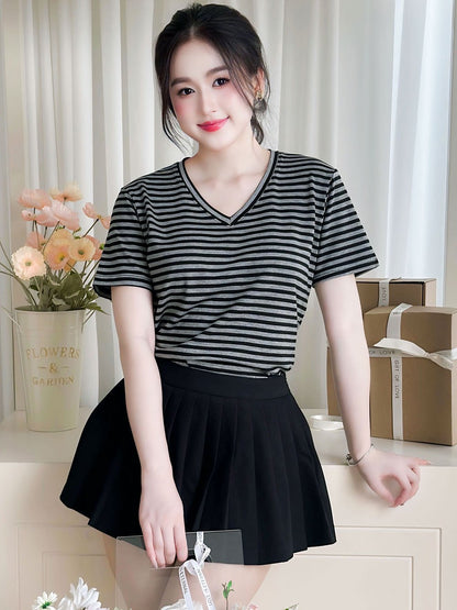 Áo thun nữ Tay ngắn-Cổ tim-Họa tiết kẻ sọc-Mã BSA