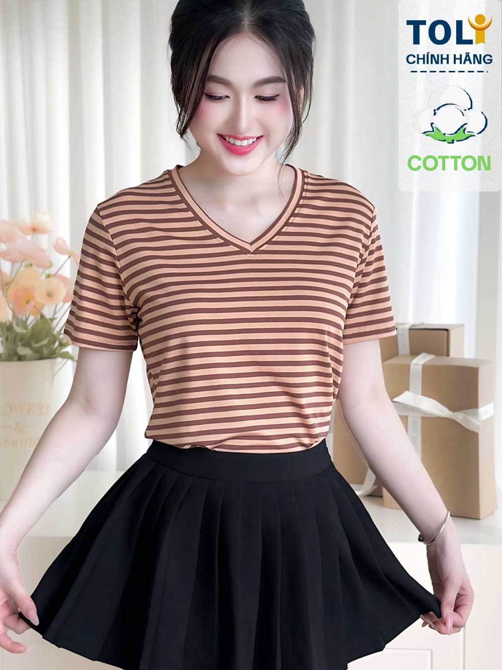 Áo thun nữ Tay ngắn-Cổ tim-Họa tiết kẻ sọc-Mã BSA