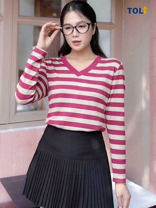 Áo Thun Nữ Tay Dài, Cổ V, Kẻ Sọc, Phong Cách Trẻ Trung, Mã LHV