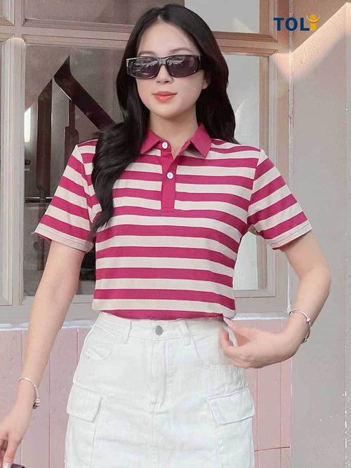 ÁO THUN POLO NỮ-CỔ SƠ MI-HỌA TIẾT KẺ SỌC