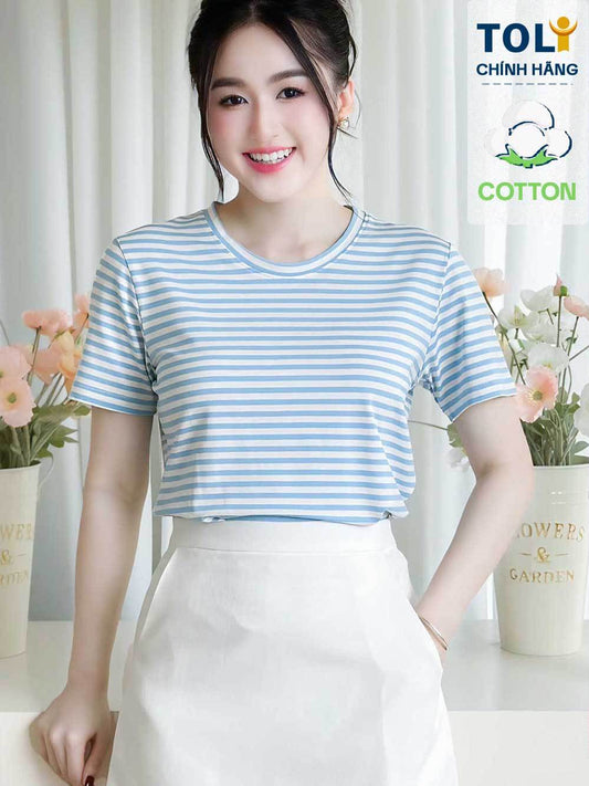 Áo thun nữ sọc ngang cổ Tròn TOLI – cotton 4 chiều, form suông không kén dáng