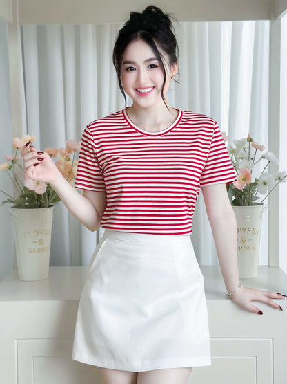 Áo thun nữ cổ tròn, họa tiết kẻ sọc, kiểu dáng trẻ trung - Mã BSB