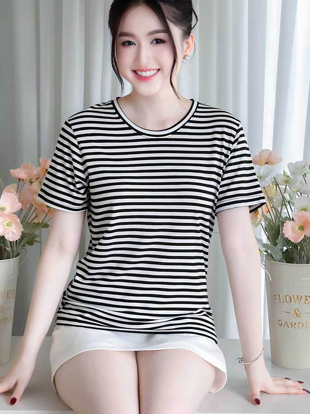 ÁO THUN NỮ TAY NGẮN-CỔ TRÒN-HỌA TIẾT KẺ SỌC