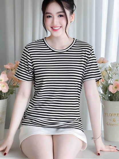 Áo thun nữ cổ tròn, họa tiết kẻ sọc, kiểu dáng trẻ trung - Mã BSB